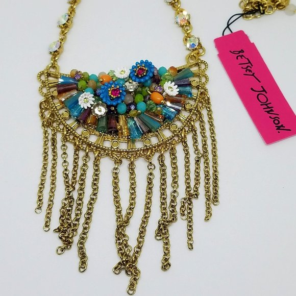 NWT RARE Betsey Johnson Weave & Sew Multi Woven Fringe Rhinestone Necklace - Picture 9 of 10